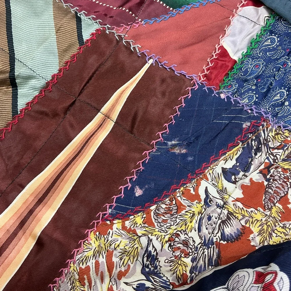 Vintage multicolored silky crazy quilt 51 x 84 beautifully crafted in the USA